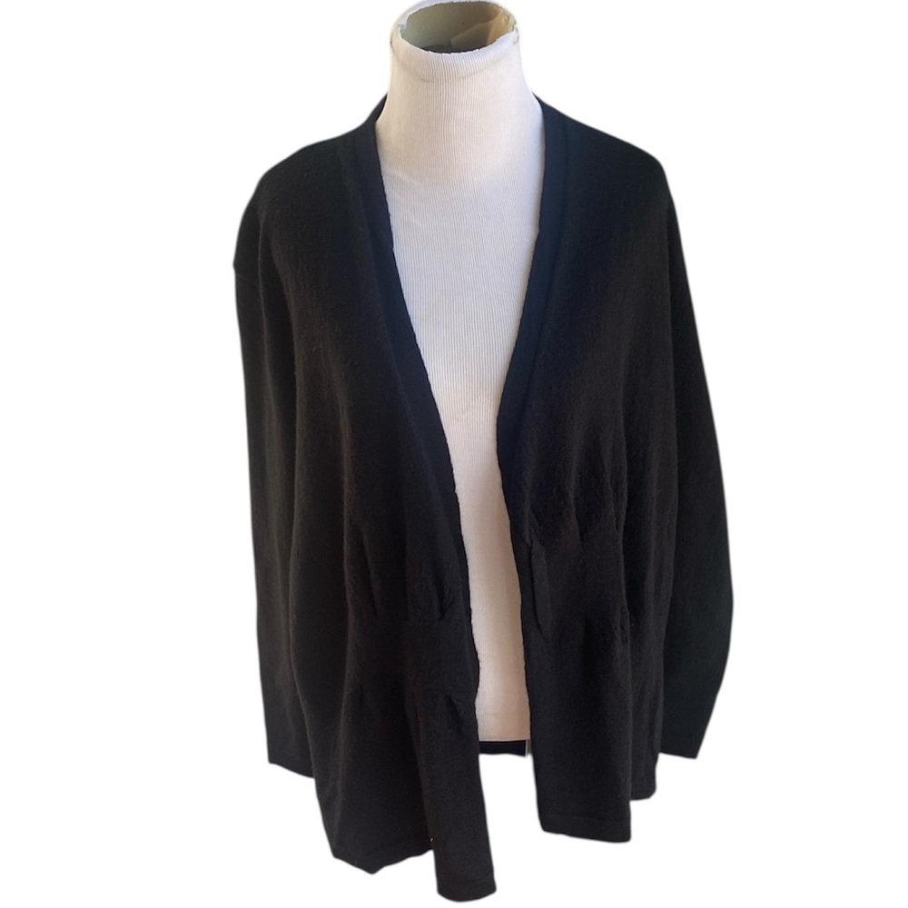 Donna Karan  Black 100% wool front pleat at waist cardigan XS MISSING BELT